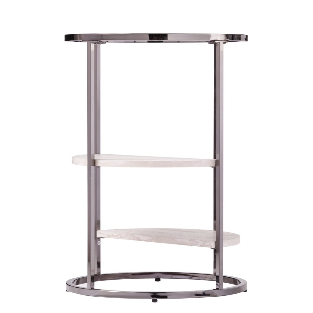 Black Metal Glass and Faux Marble Round End Table with Two Shelves