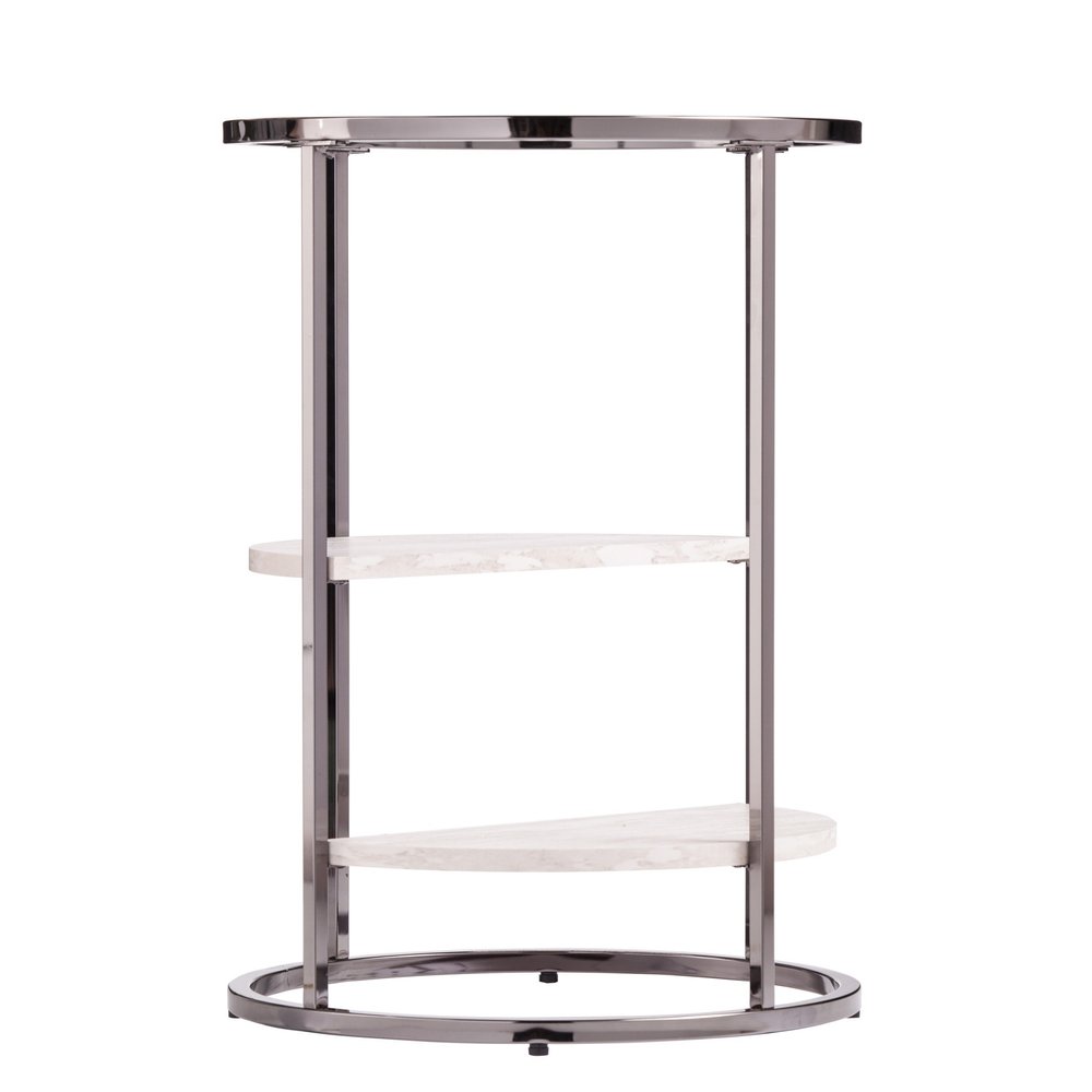 Black Metal Glass and Faux Marble Round End Table with Two Shelves