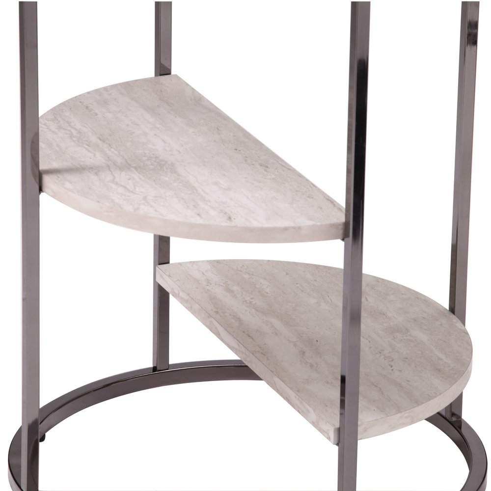 Black Metal Glass and Faux Marble Round End Table with Two Shelves