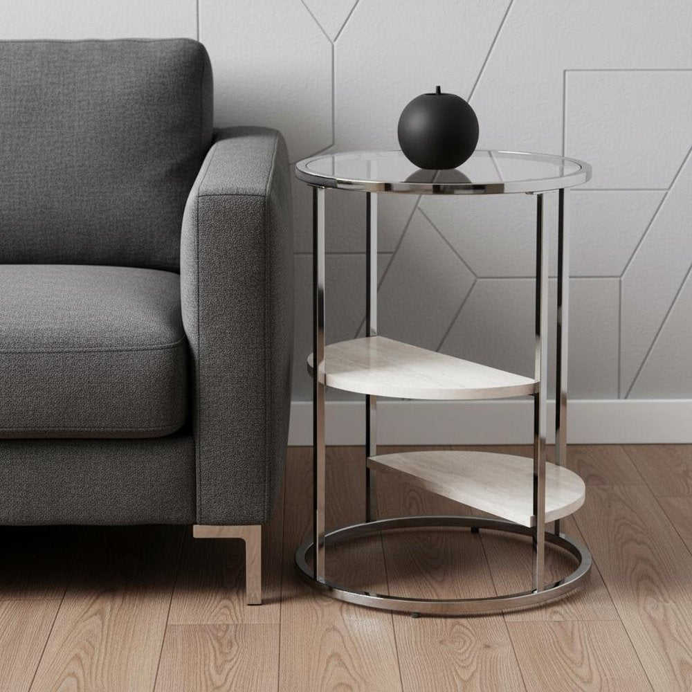 Black Metal Glass and Faux Marble Round End Table with Two Shelves