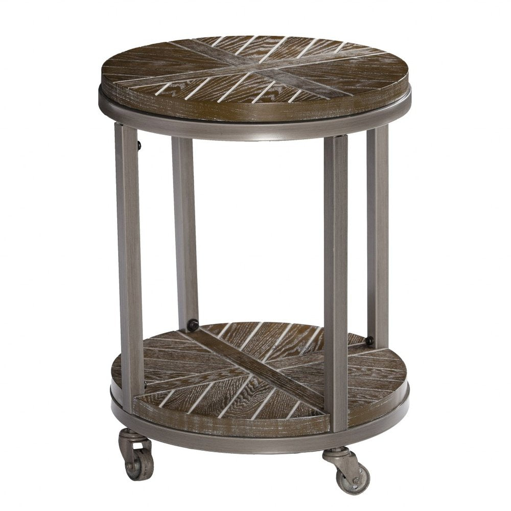Brown Manufactured Wood and Iron Round End Table with Shelf - 24-inch