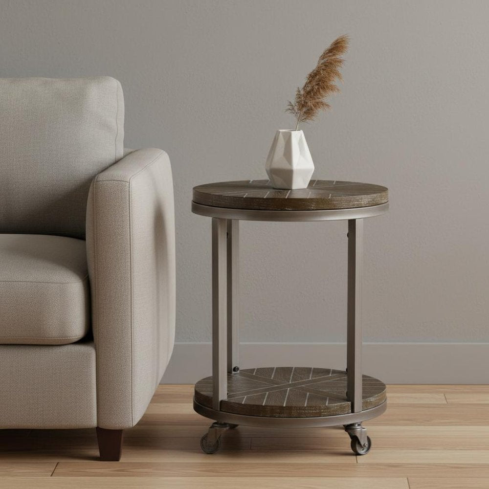 Brown Manufactured Wood and Iron Round End Table with Shelf - 24-inch