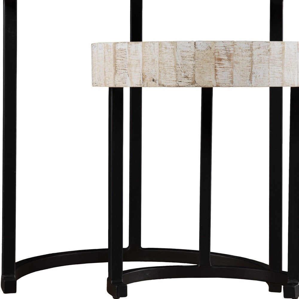 Set of Two 21 White Solid Wood and Iron Round Nested Tables