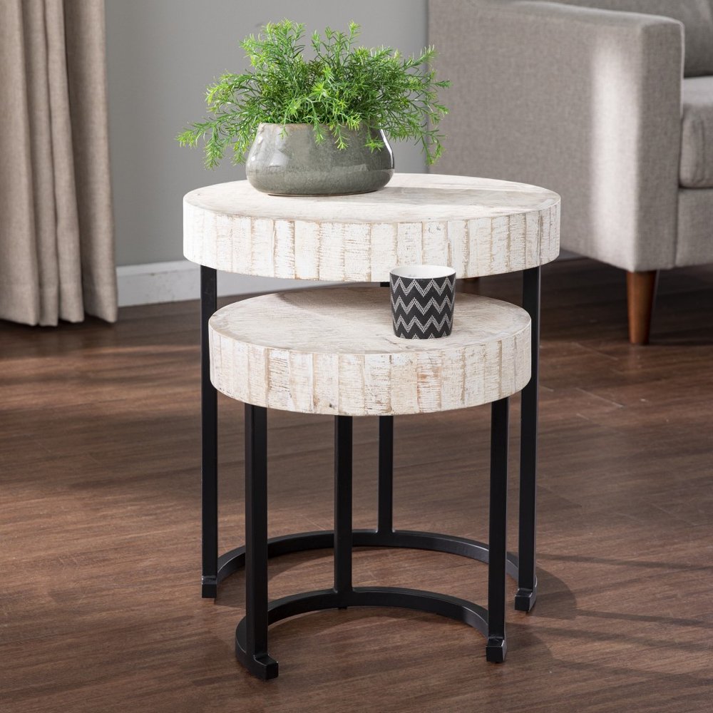 Set of Two 21 White Solid Wood and Iron Round Nested Tables