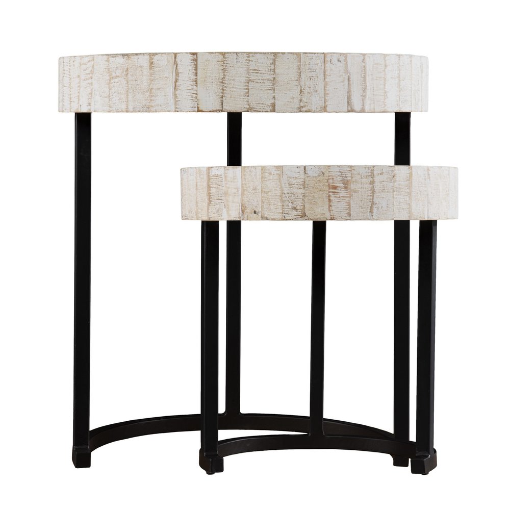 Set of Two 21 White Solid Wood and Iron Round Nested Tables