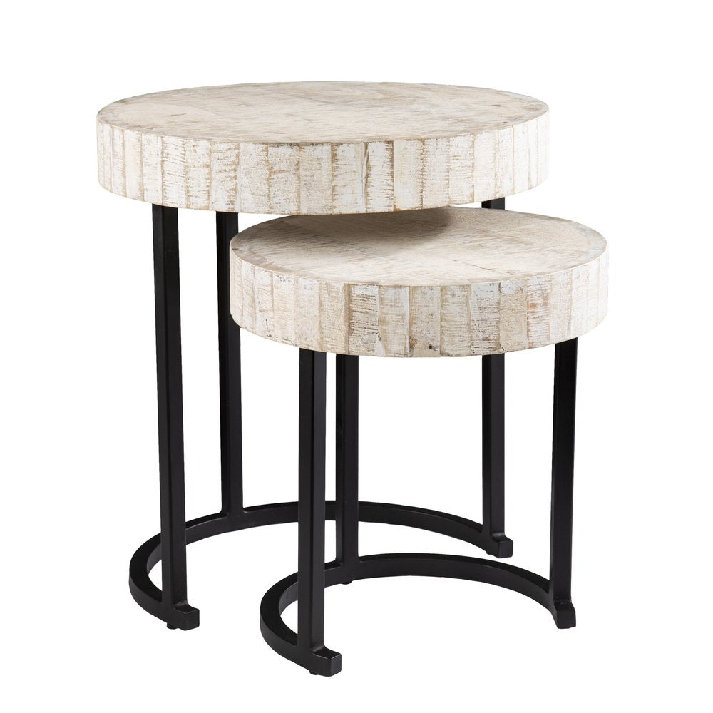 Set of Two 21 White Solid Wood and Iron Round Nested Tables