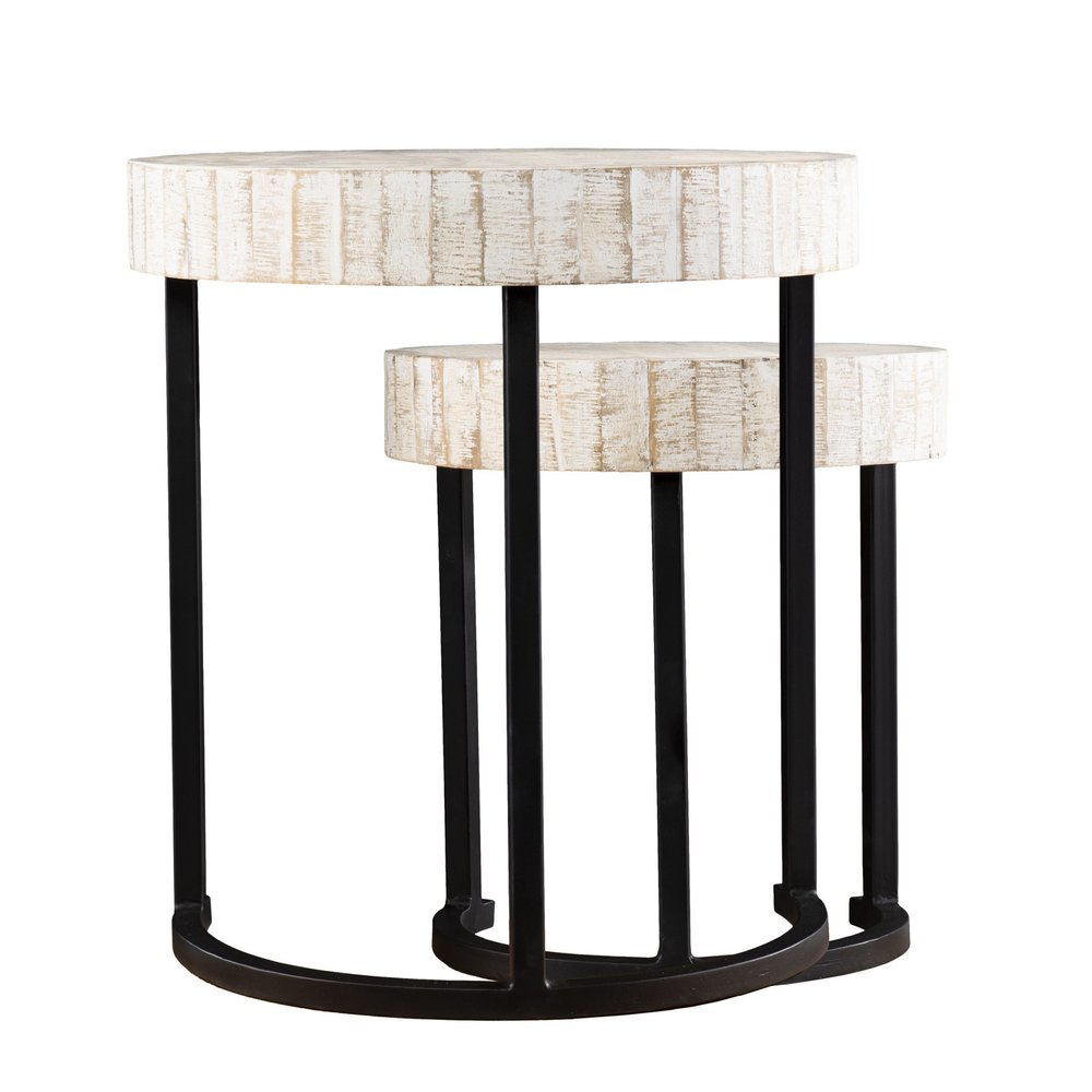 Set of Two 21 White Solid Wood and Iron Round Nested Tables