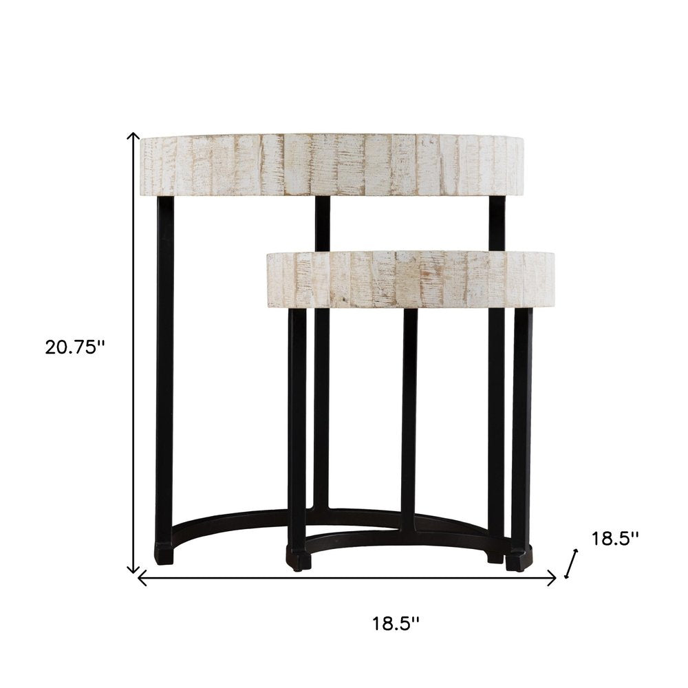 Set of Two 21 White Solid Wood and Iron Round Nested Tables