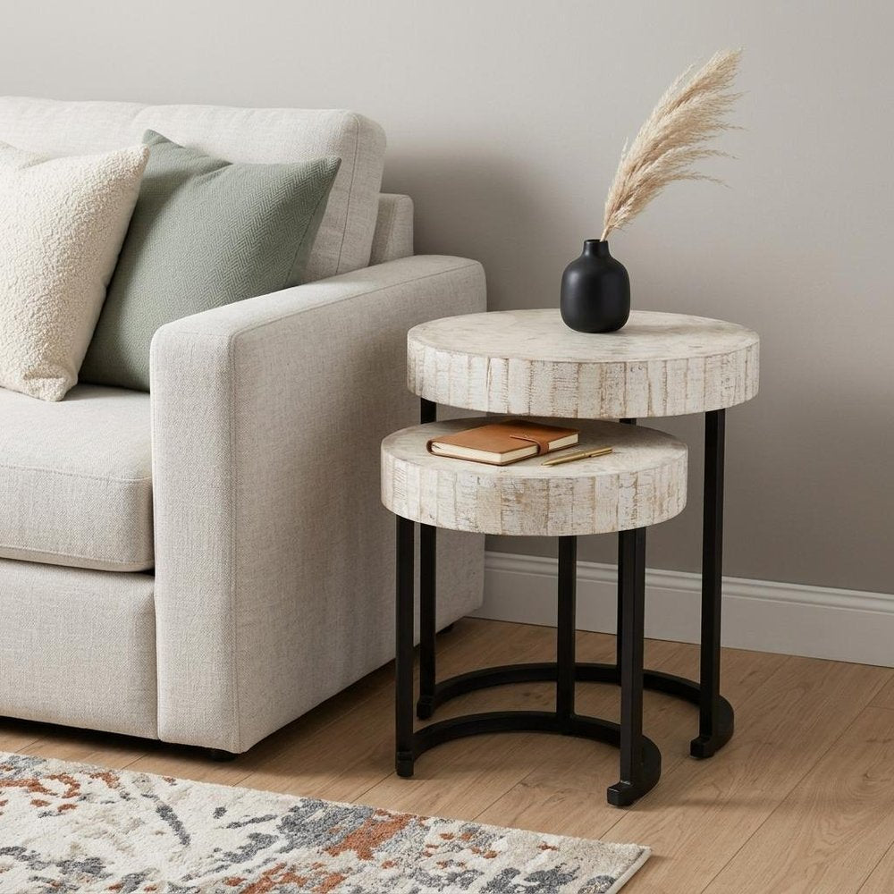 Set of Two 21 White Solid Wood and Iron Round Nested Tables