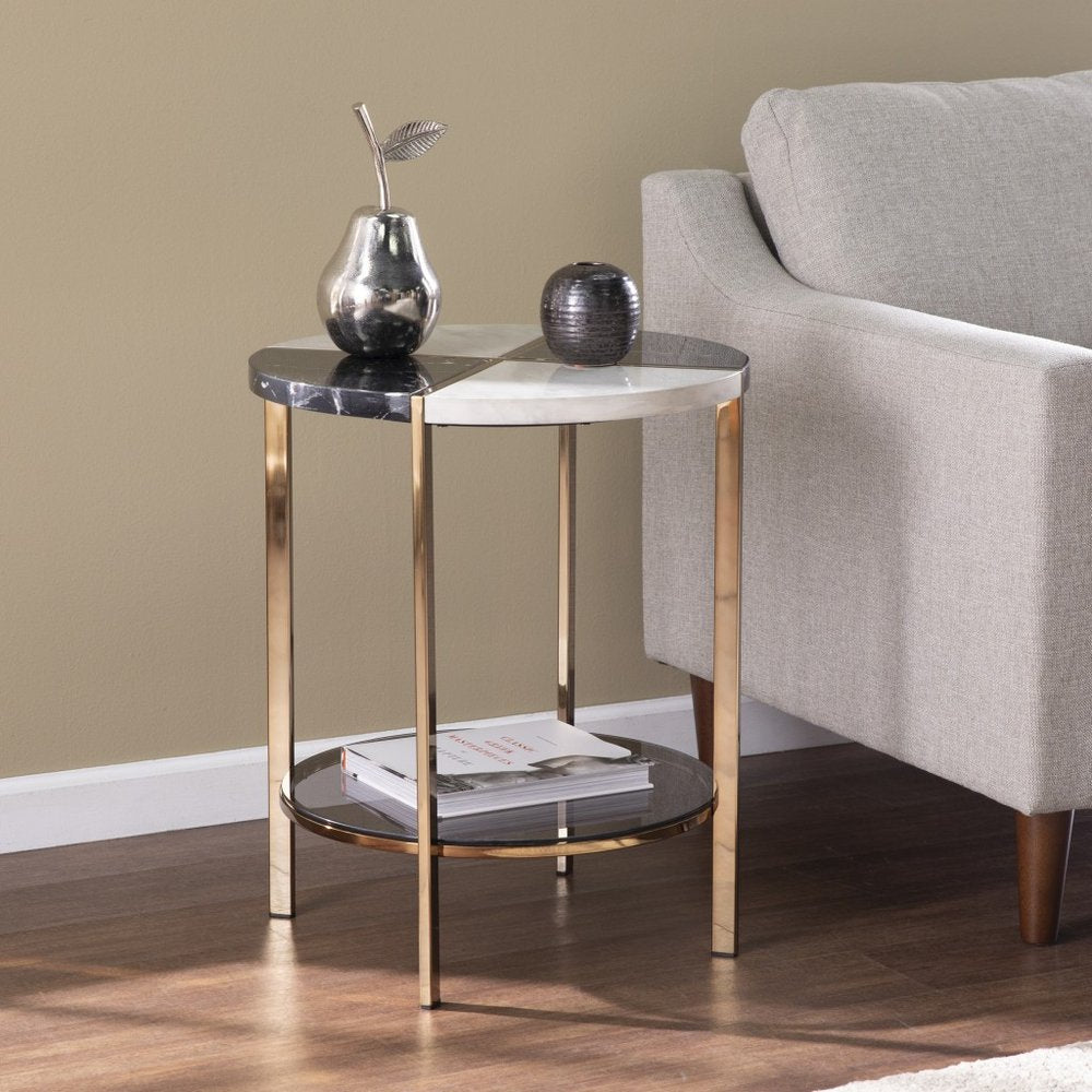 Black Manufactured Wood and Iron Round End Table with Two Shelves