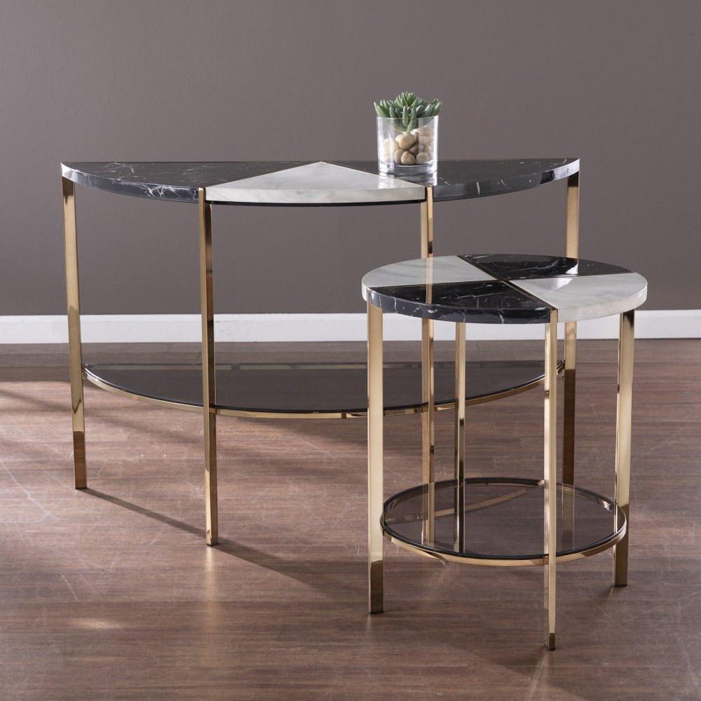 Black Manufactured Wood and Iron Round End Table with Two Shelves