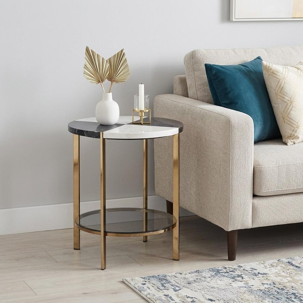 Black Manufactured Wood and Iron Round End Table with Two Shelves