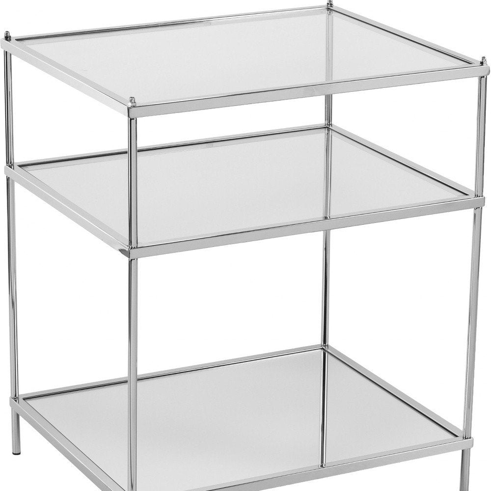 Silver Mirrored Glass and Iron End Table with Shelf - 27-inch