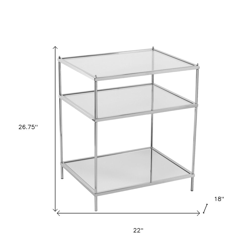 Silver Mirrored Glass and Iron End Table with Shelf - 27-inch