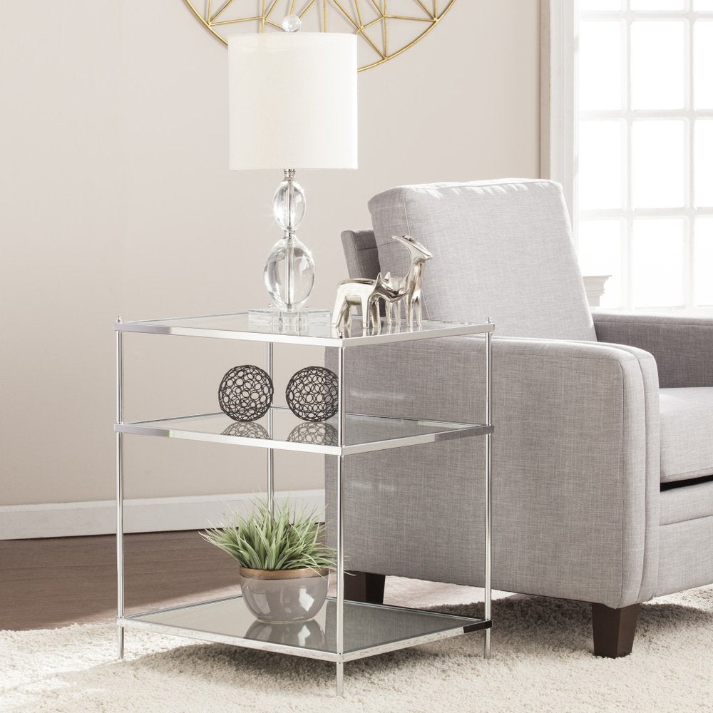 Silver Mirrored Glass and Iron End Table with Shelf - 27-inch