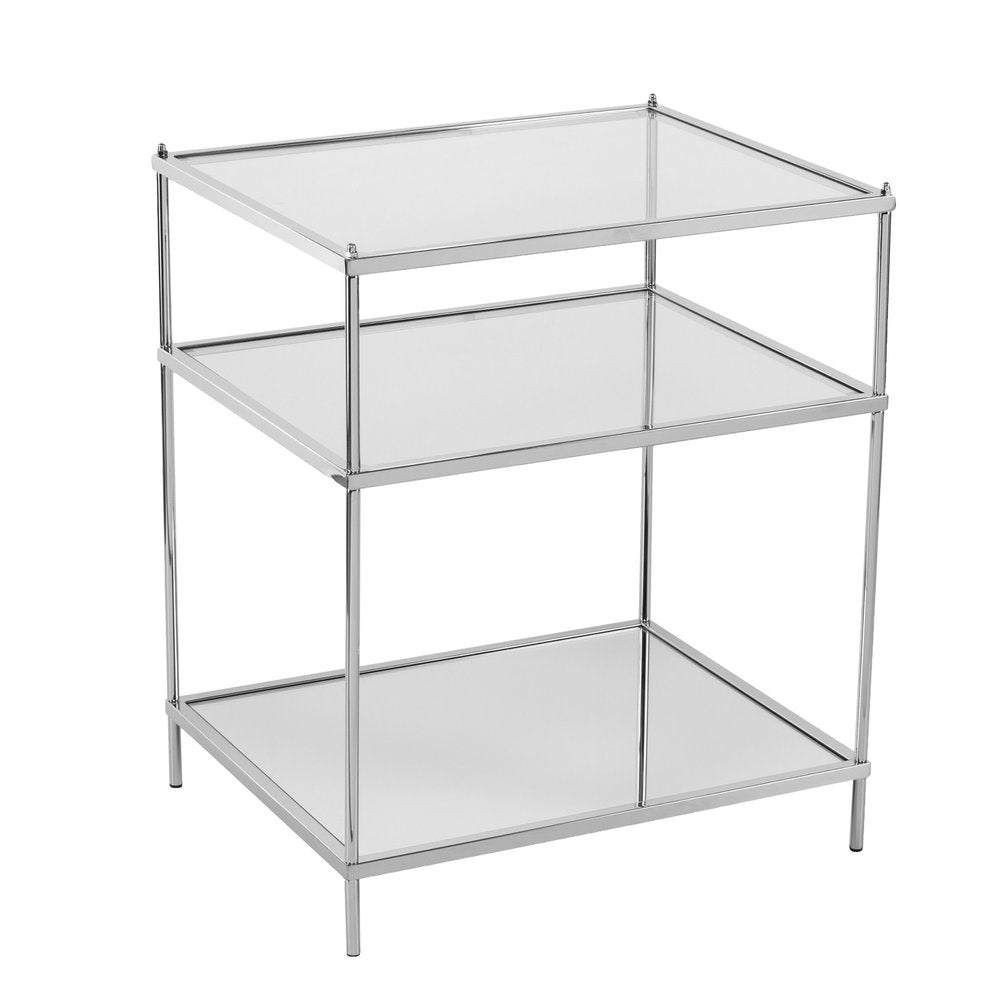 Silver Mirrored Glass and Iron End Table with Shelf - 27-inch