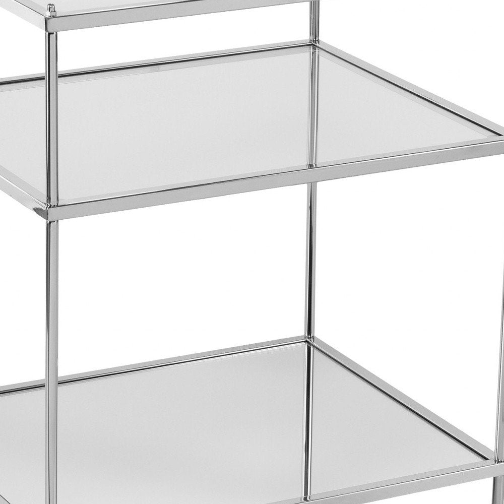 Silver Mirrored Glass and Iron End Table with Shelf - 27-inch