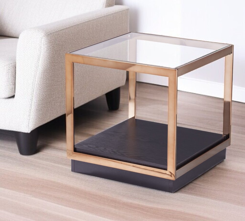Champagne Glass and Iron Square Block End Table with Shelf - 22-inch