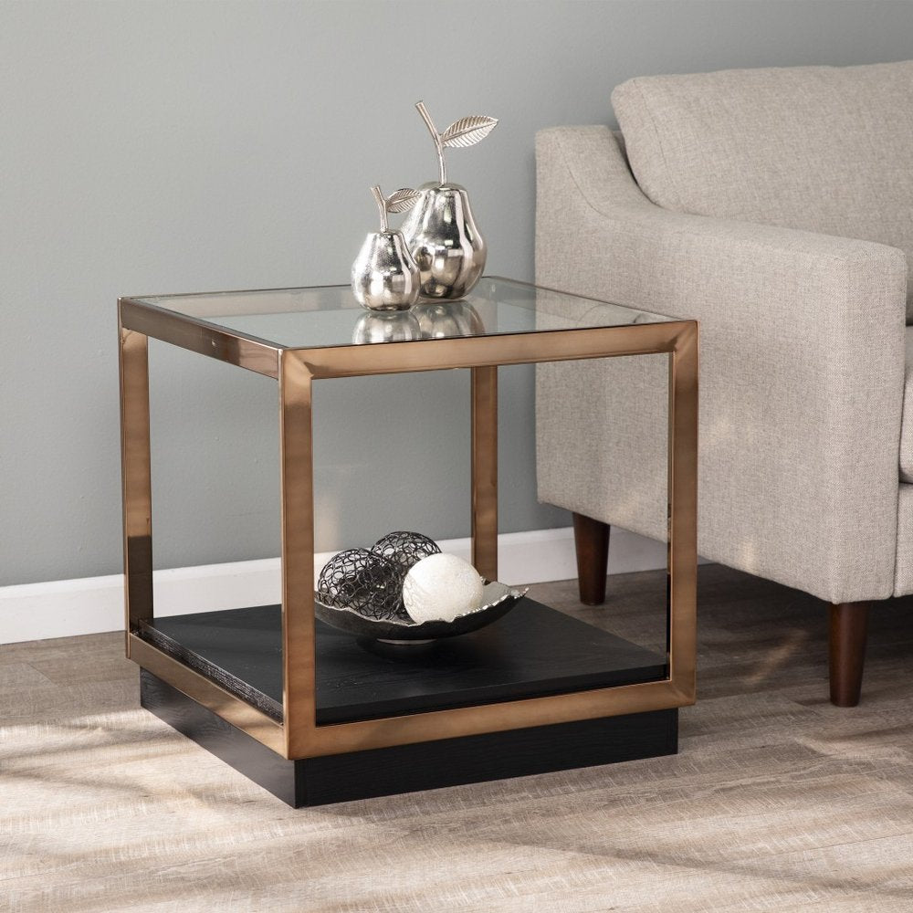 Champagne Glass and Iron Square Block End Table with Shelf - 22-inch