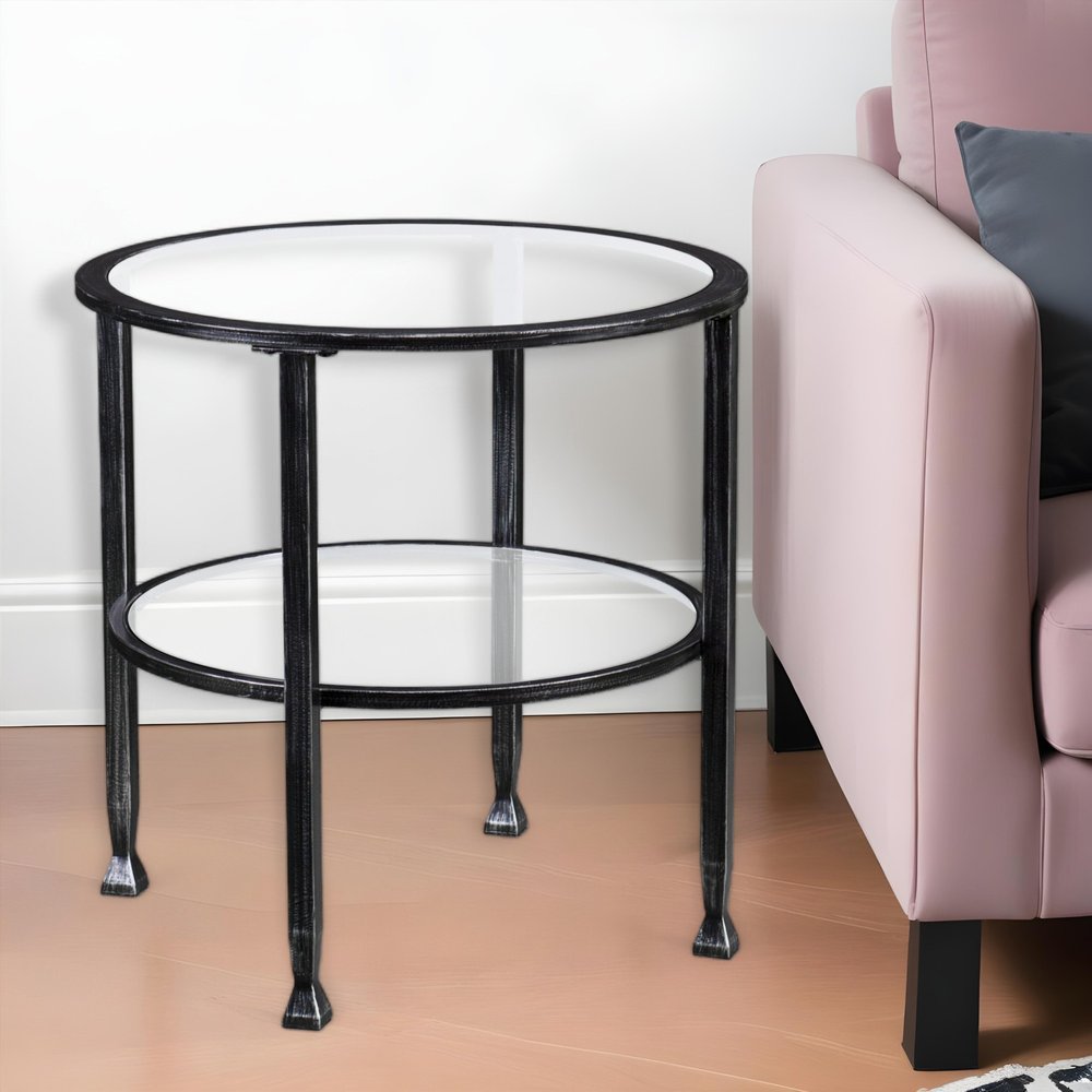Black Glass and Iron Round End Table - 24-inch