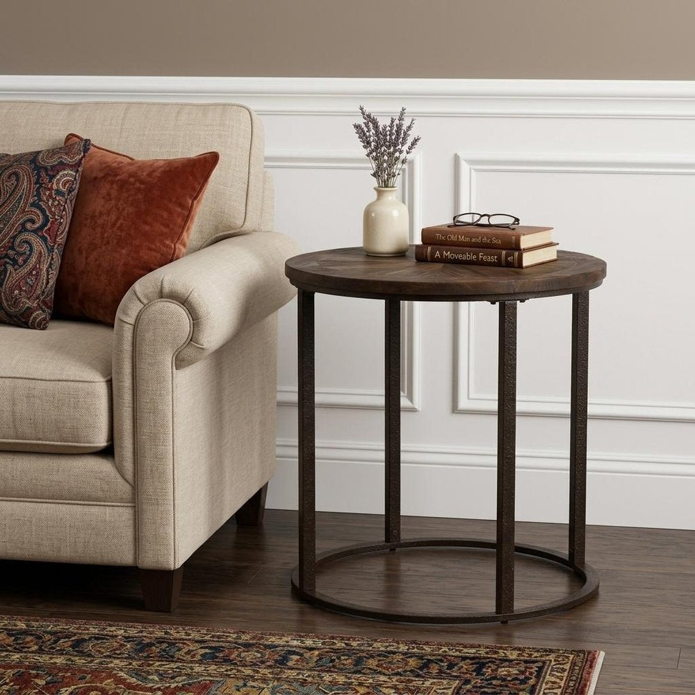 Natural Wood Solid Wood and Iron Round End Table - 24-inch
