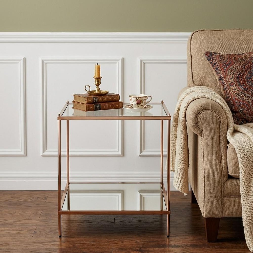 Clear and Gold Glass and Iron Square End Table with Shelf - 22-inch