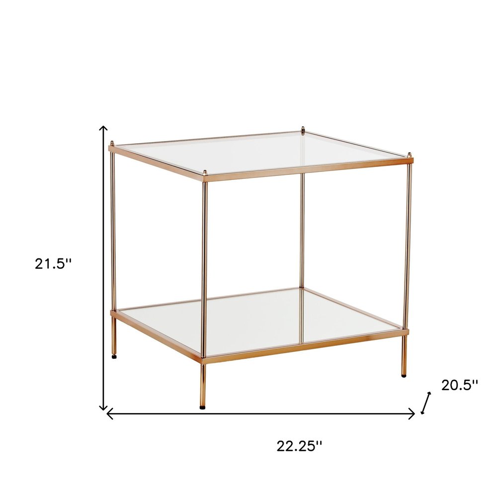 Clear and Gold Glass and Iron Square End Table with Shelf - 22-inch