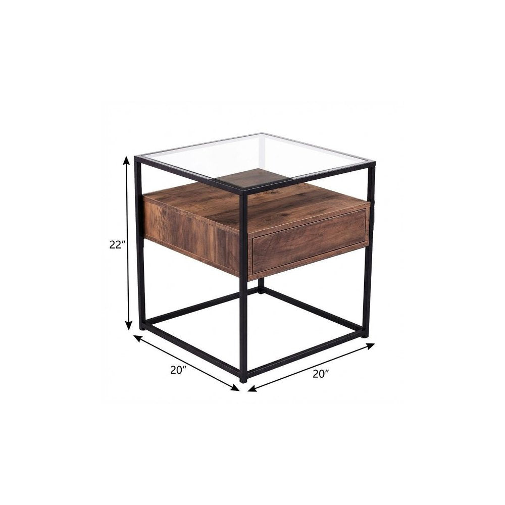 Black Glass and Iron Square End Table with Drawer with Shelf - 22-inch