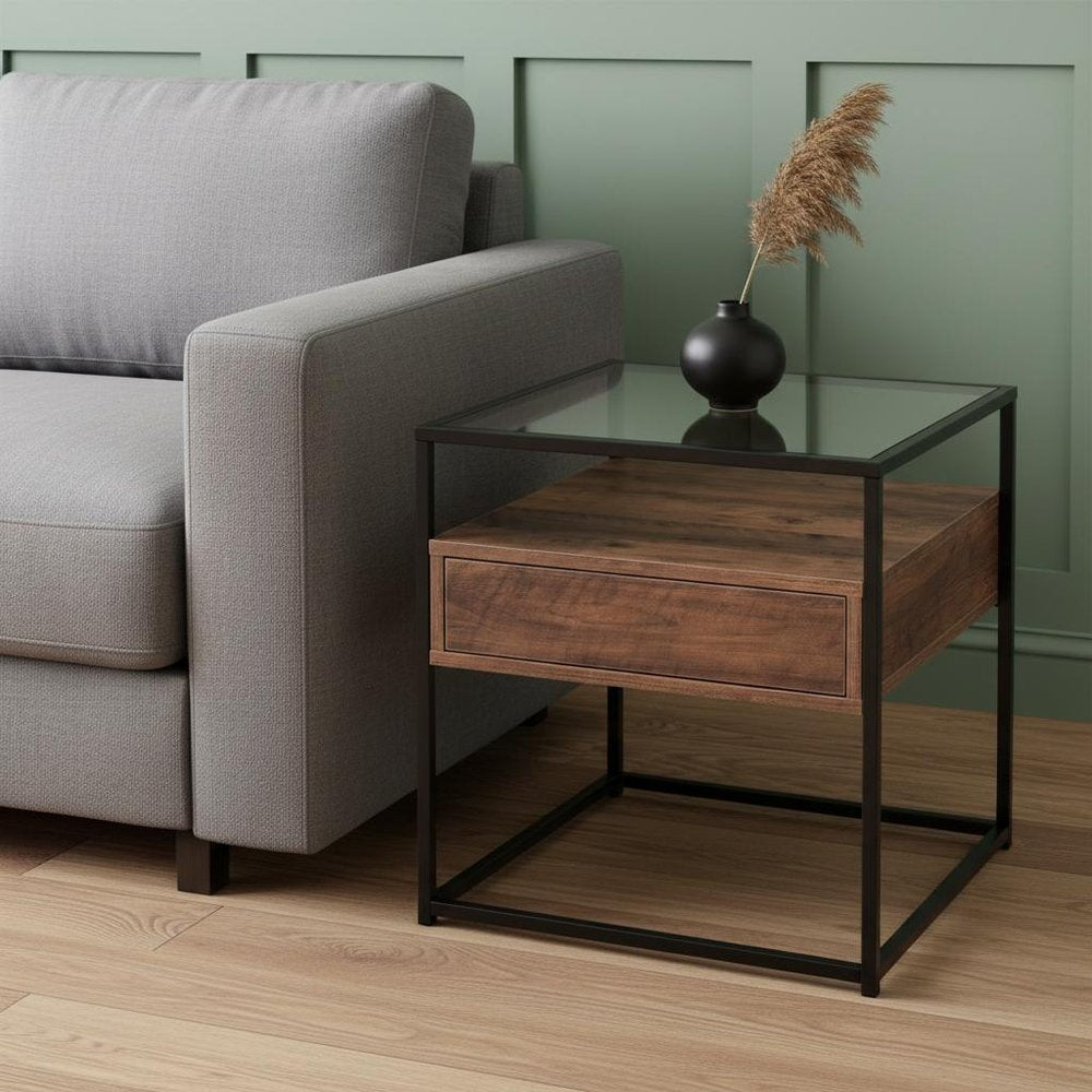 Black Glass and Iron Square End Table with Drawer with Shelf - 22-inch