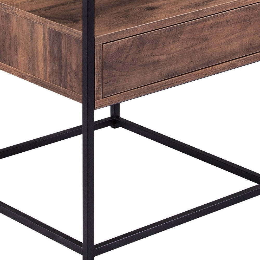 Black Glass and Iron Square End Table with Drawer with Shelf - 22-inch