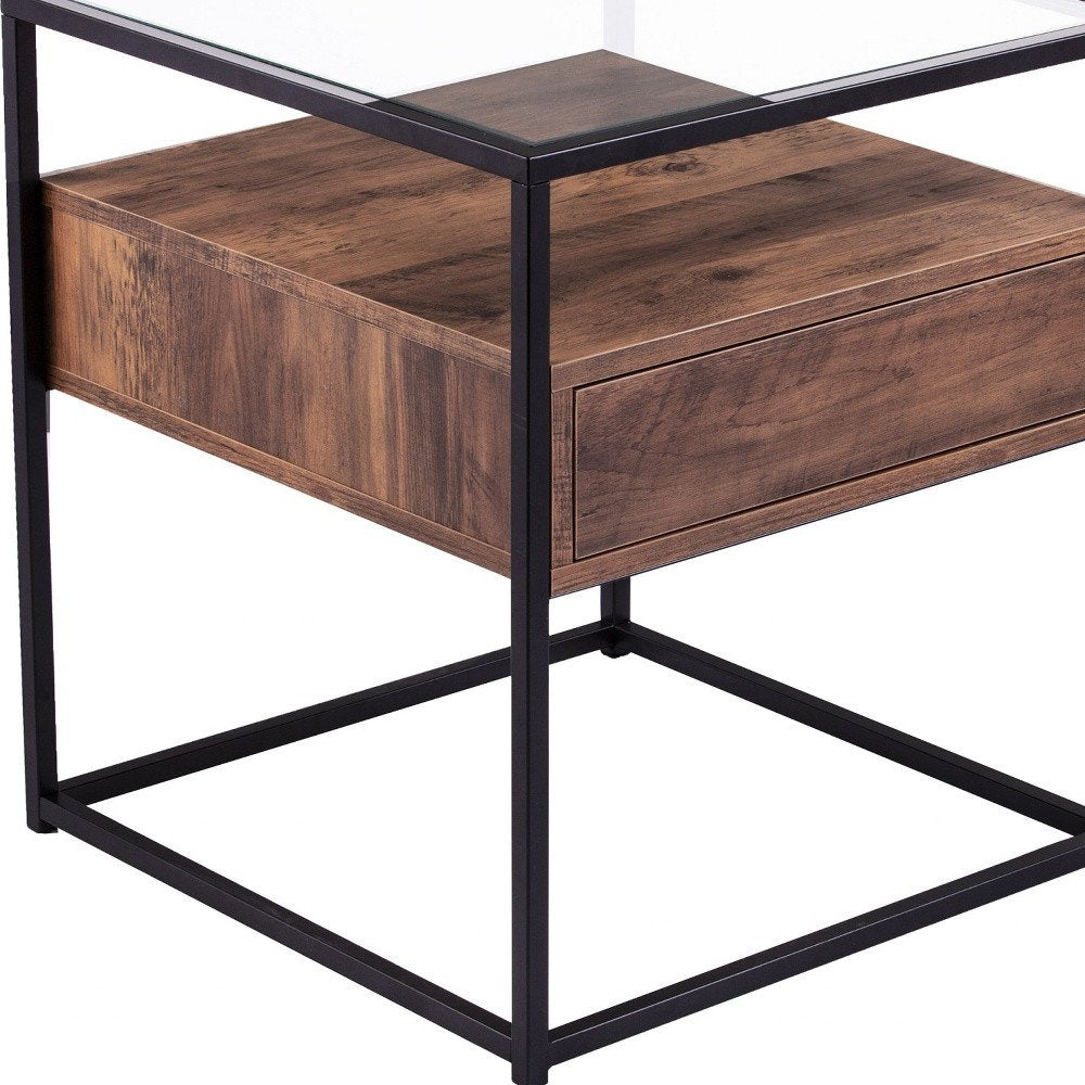 Black Glass and Iron Square End Table with Drawer with Shelf - 22-inch
