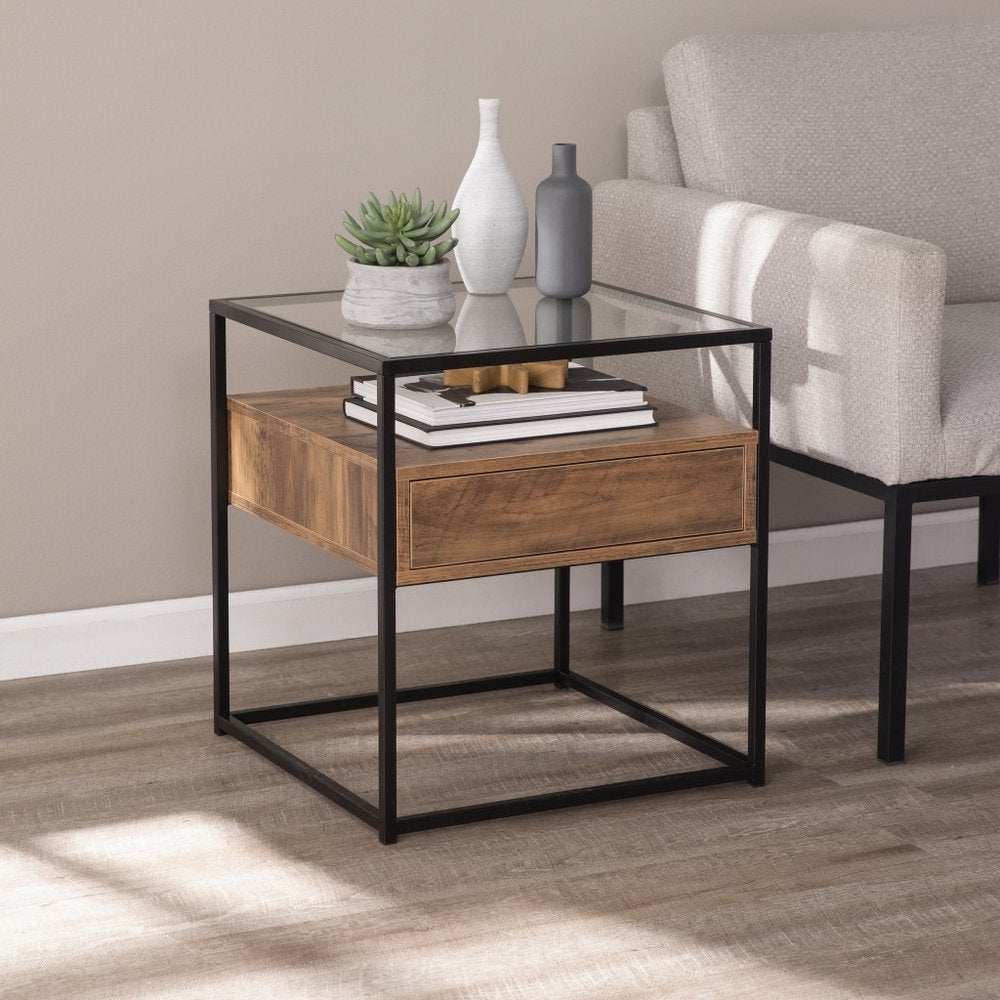 Black Glass and Iron Square End Table with Drawer with Shelf - 22-inch