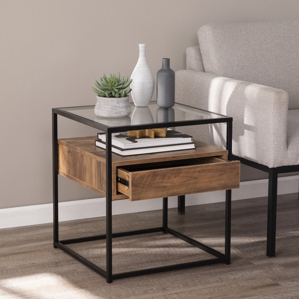 Black Glass and Iron Square End Table with Drawer with Shelf - 22-inch