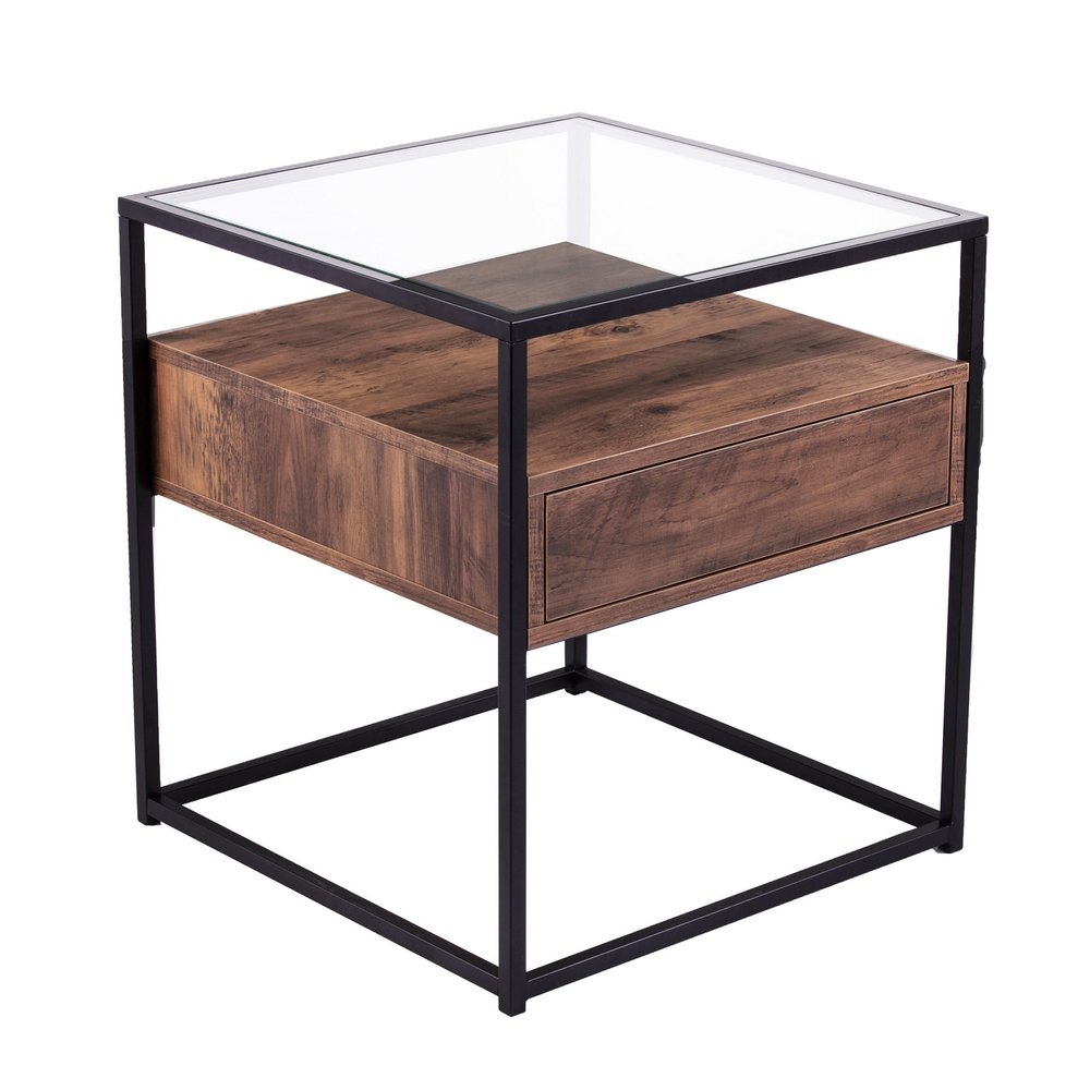 Black Glass and Iron Square End Table with Drawer with Shelf - 22-inch