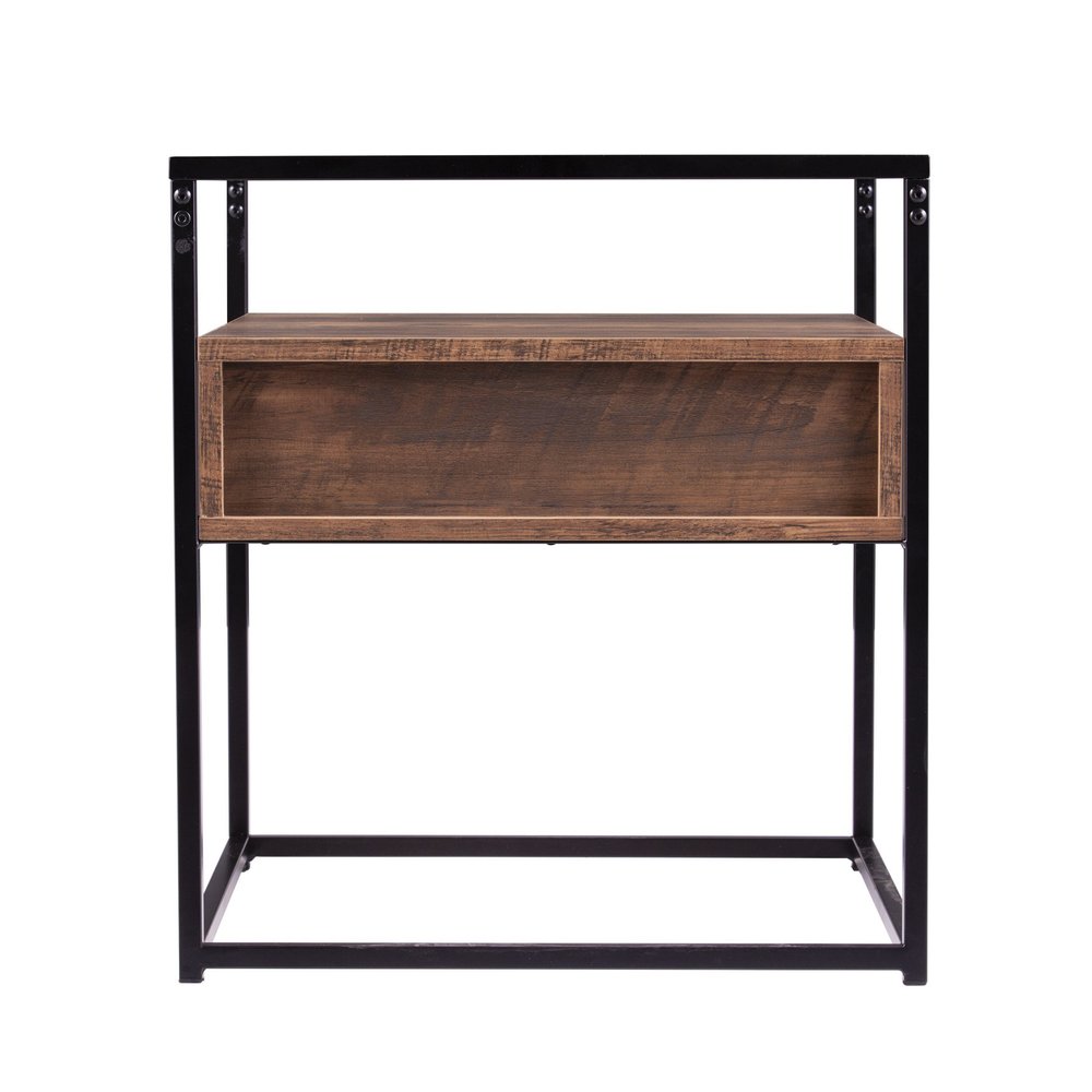 Black Glass and Iron Square End Table with Drawer with Shelf - 22-inch