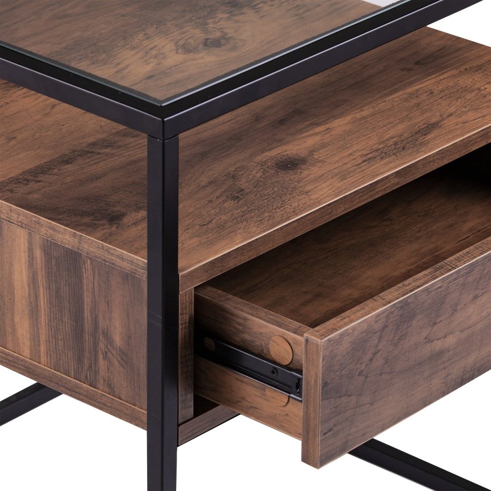 Black Glass and Iron Square End Table with Drawer with Shelf - 22-inch