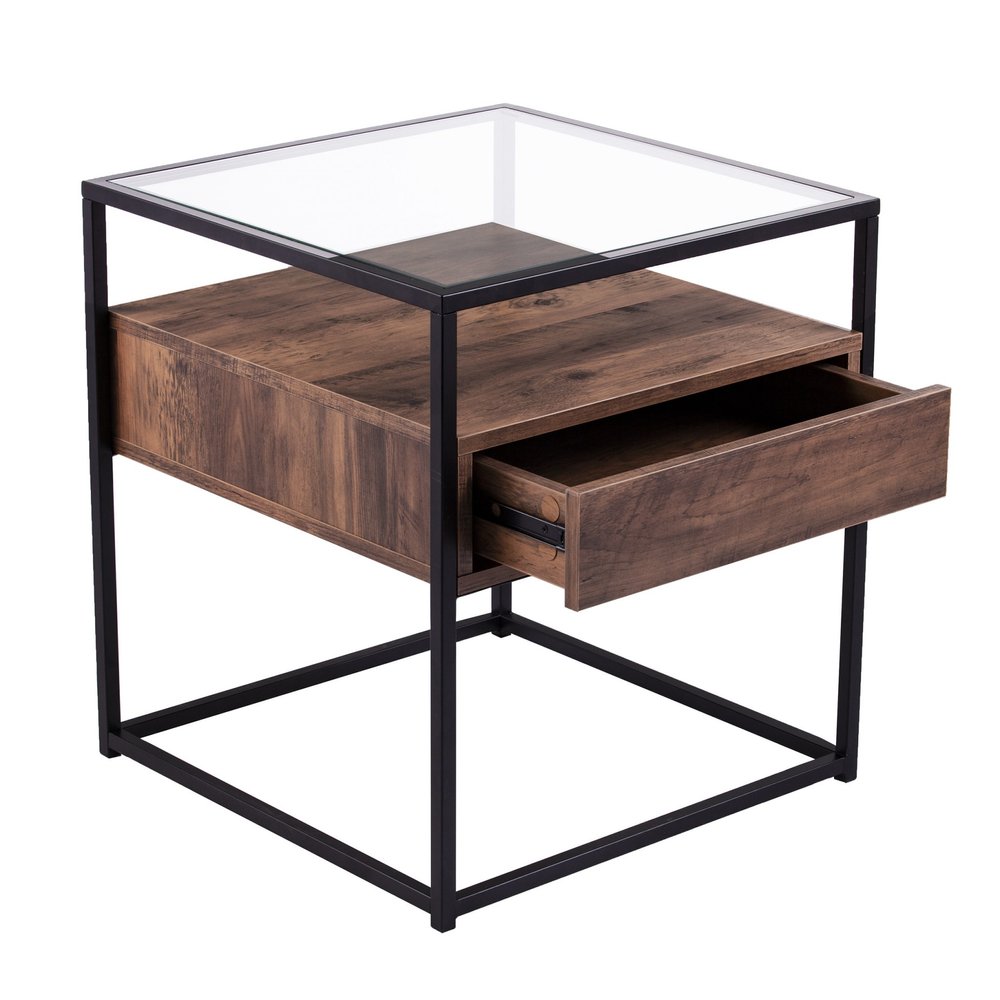 Black Glass and Iron Square End Table with Drawer with Shelf - 22-inch