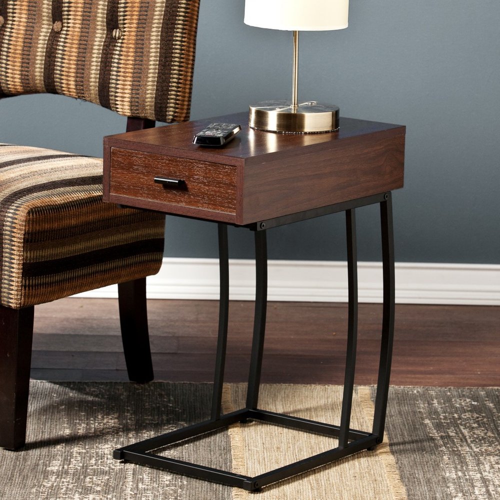 Brown Manufactured Wood and Iron Rectangular End Table with Drawer