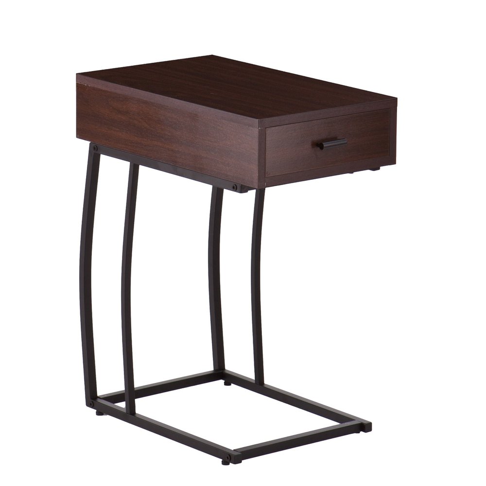 Brown Manufactured Wood and Iron Rectangular End Table with Drawer
