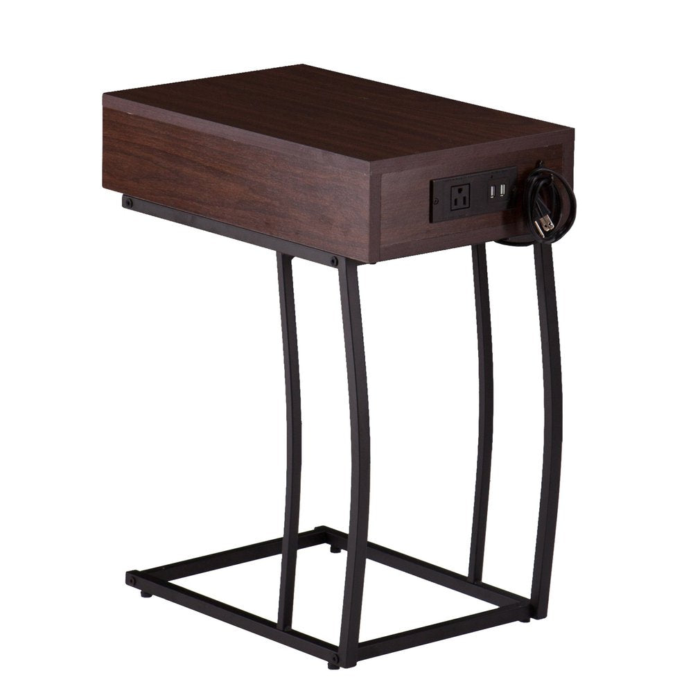Brown Manufactured Wood and Iron Rectangular End Table with Drawer