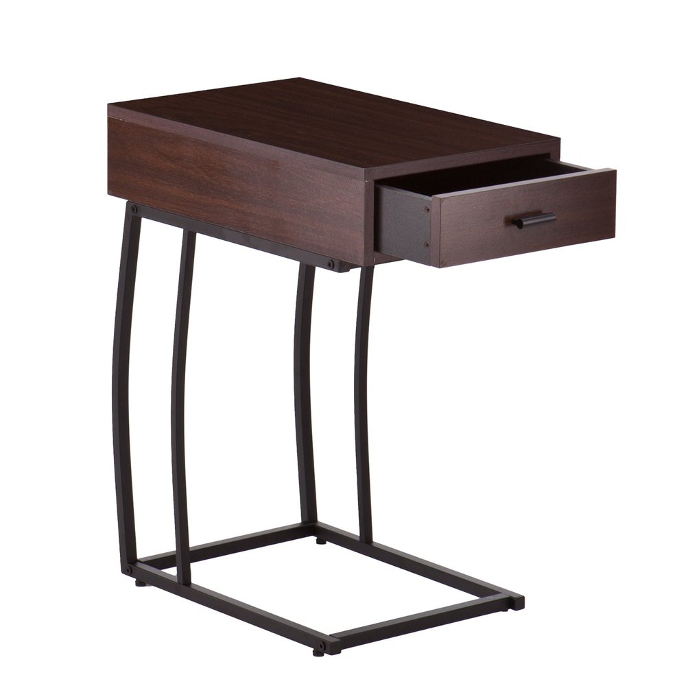 Brown Manufactured Wood and Iron Rectangular End Table with Drawer
