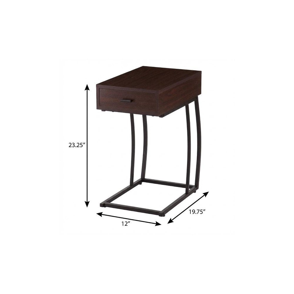 Brown Manufactured Wood and Iron Rectangular End Table with Drawer