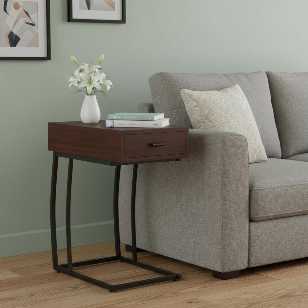 Brown Manufactured Wood and Iron Rectangular End Table with Drawer