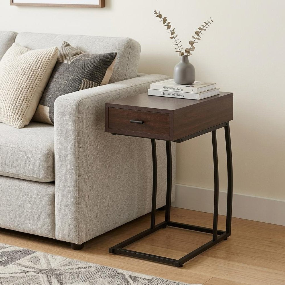 Brown Manufactured Wood and Iron Rectangular End Table with Drawer