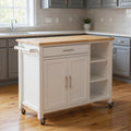 Natural and White Butcher Block and Iron Rolling Kitchen Cart with Storage
