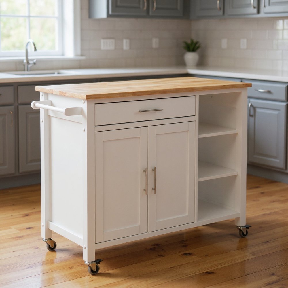 Natural and White Butcher Block and Iron Rolling Kitchen Cart with Storage