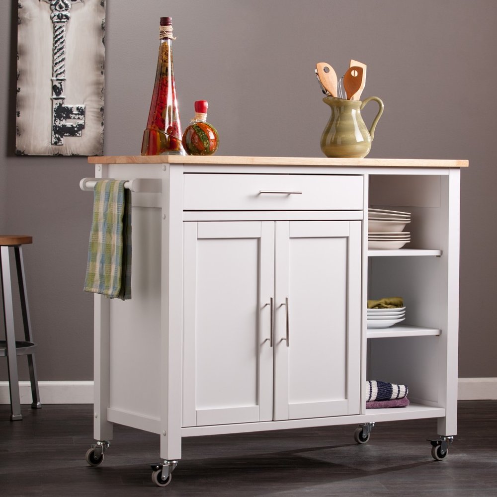 Natural and White Butcher Block and Iron Rolling Kitchen Cart with Storage