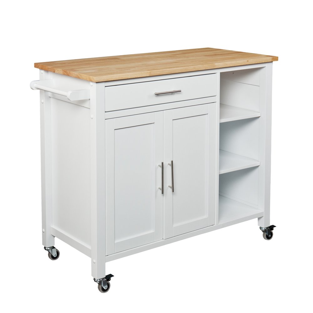 Natural and White Butcher Block and Iron Rolling Kitchen Cart with Storage