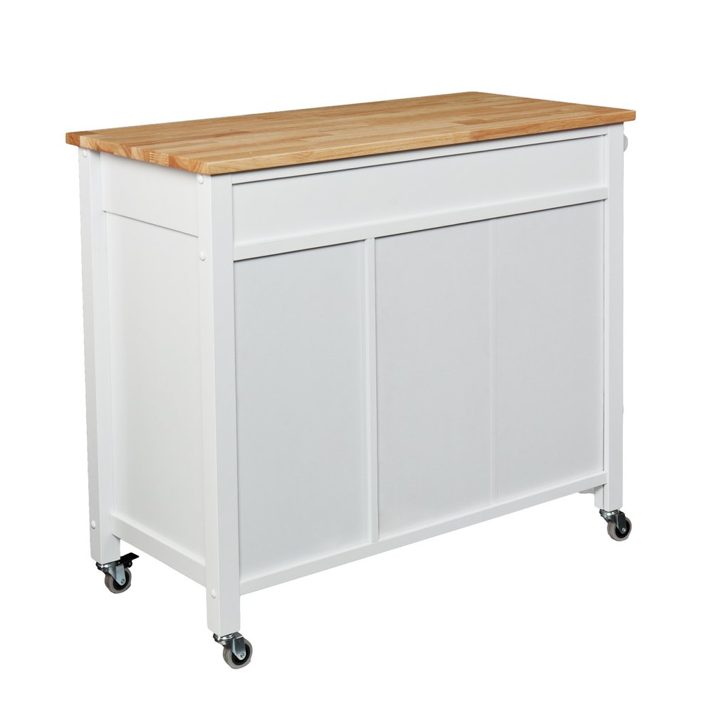 Natural and White Butcher Block and Iron Rolling Kitchen Cart with Storage
