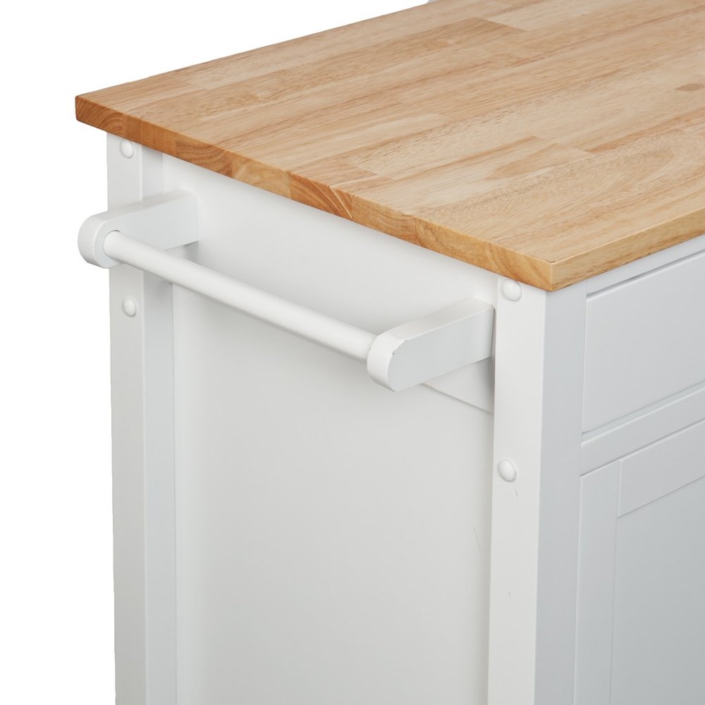 Natural and White Butcher Block and Iron Rolling Kitchen Cart with Storage